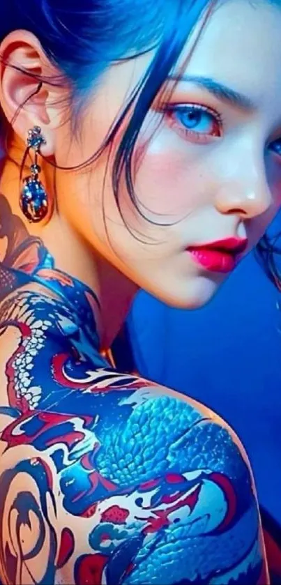 Blue-toned tattooed portrait with artistic design.
