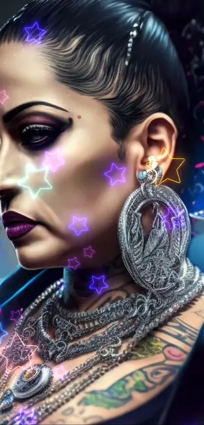 A tattooed woman with jewelry and star effects in a vibrant wallpaper design.