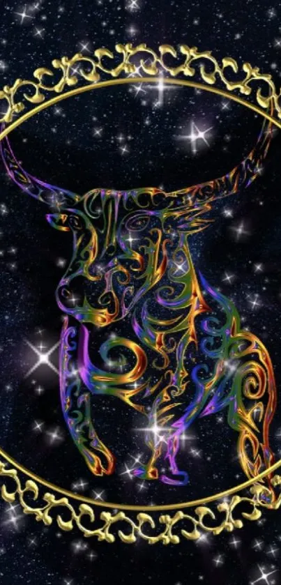 Vibrant Taurus design with cosmic colors and starry background.