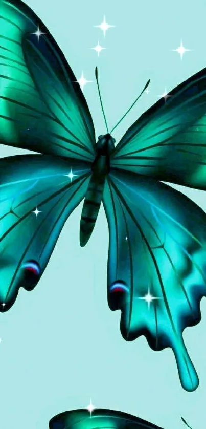 Teal butterfly artwork on mobile screen.