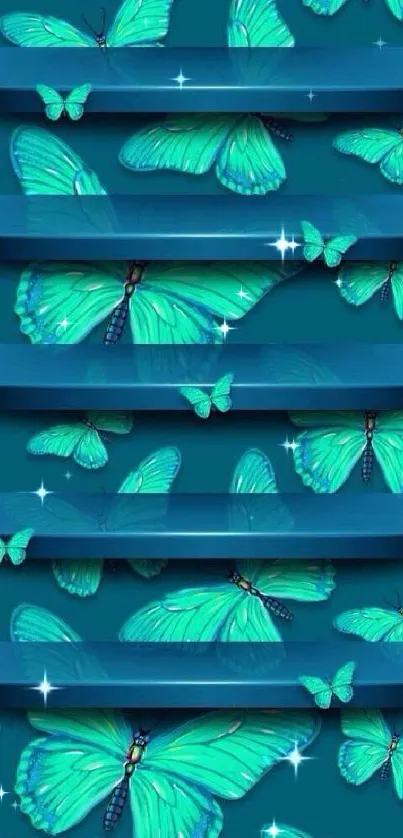 Teal butterflies on stylish shelves.