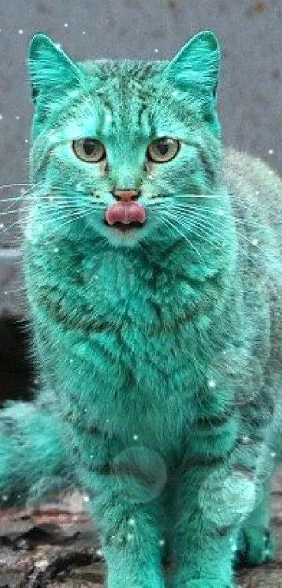 Teal feline standing outdoors as a unique wallpaper.