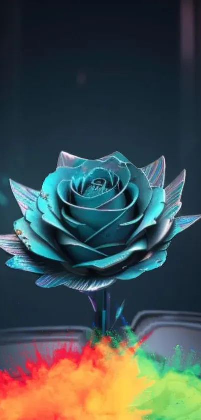 Teal rose with colorful splashes on a dark background, digital art.