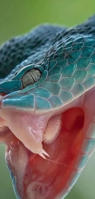 Close-up teal snake with open mouth, vivid scales, and natural background.