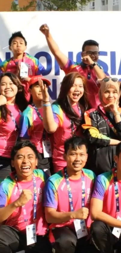 Vibrant team in colorful shirts posing energetically.