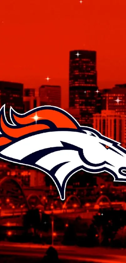 Iconic team logo on vibrant orange cityscape.