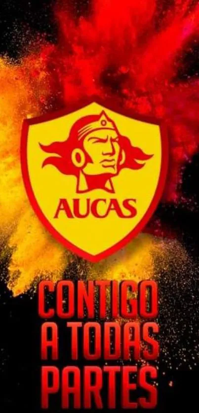 Mobile wallpaper with a bold red and yellow team emblem and dynamic colors.