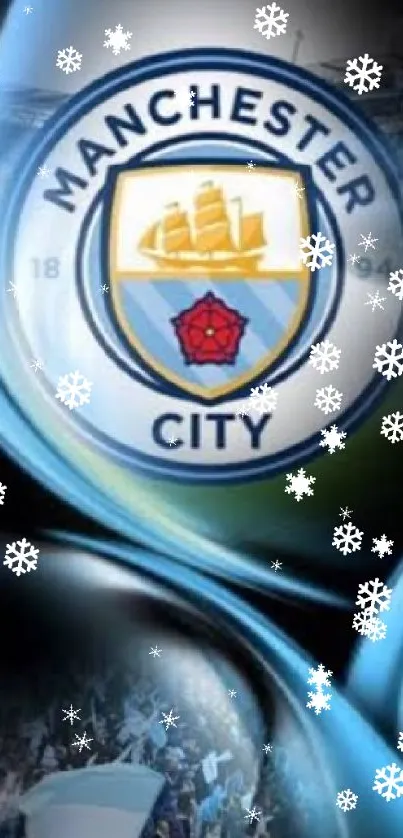 Bold Manchester City team wallpaper with emblem and dynamic blue tones.