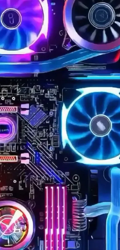 Tech circuit wallpaper with colorful LED lights and motherboard.