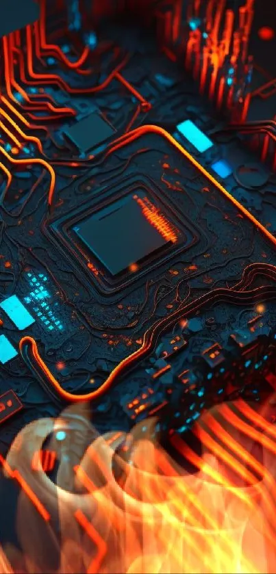 Futuristic vibrant circuit board wallpaper in red and blue tones.