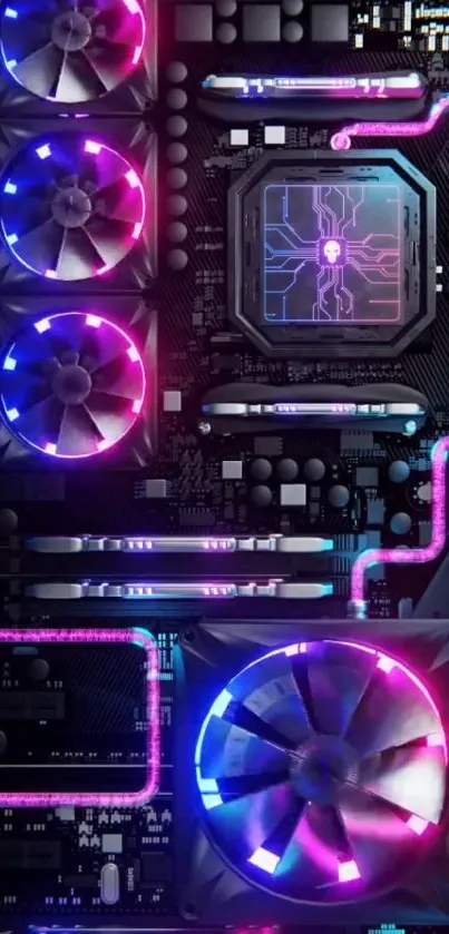 Futuristic circuit board wallpaper with neon lights.