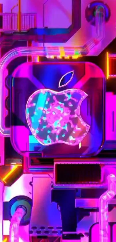 Futuristic purple tech design with Apple logo.