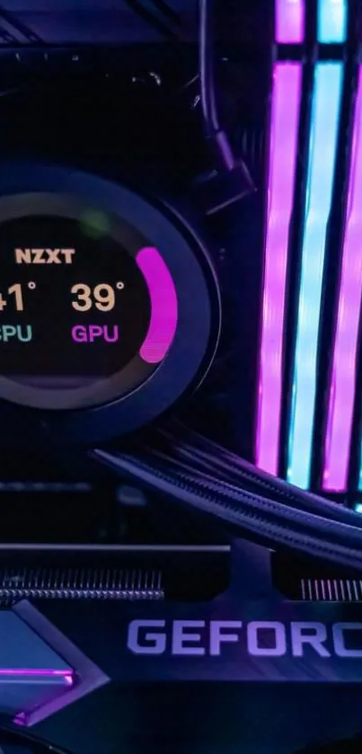 Vibrant tech display with CPU and GPU cooling and glowing colors.