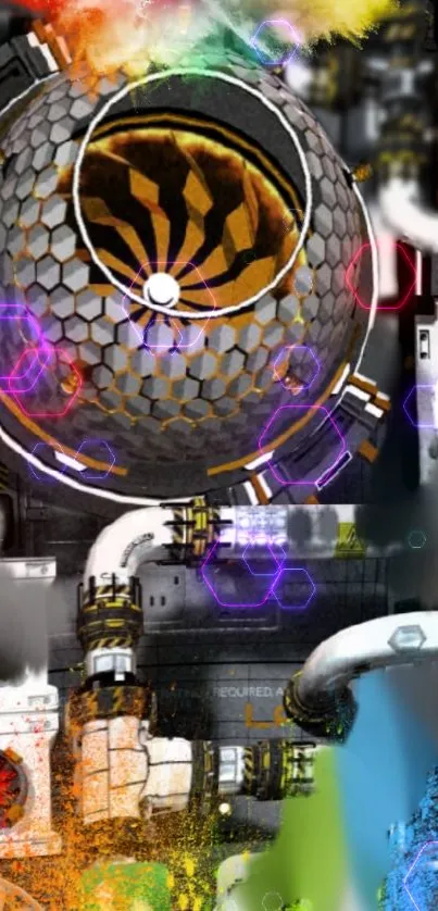 Futuristic design with a colorful techno-sphere and geometric elements.
