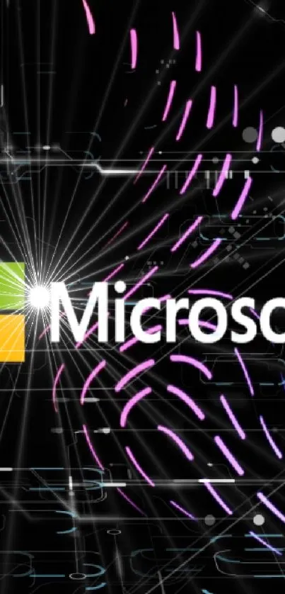 Colorful Microsoft logo with neon effect on black background.