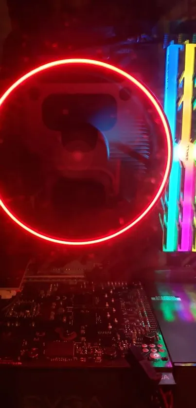 Neon-lit CPU cooler with colorful RAM sticks.