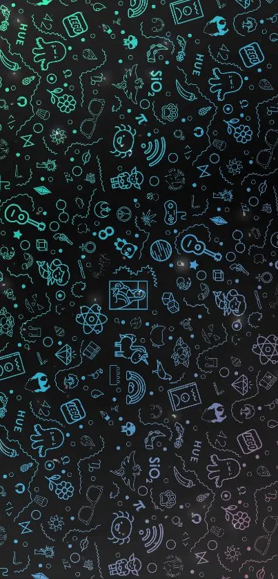 Vibrant tech-themed wallpaper with colorful icons on a black background.