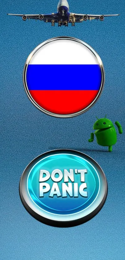 Phone wallpaper with airplane, Russian flag, Android mascot, and 'Don't Panic' button.