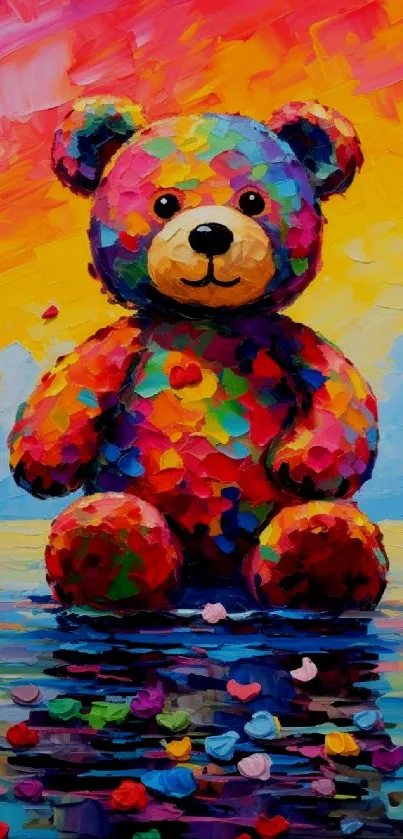 Colorful teddy bear digital painting with vibrant rainbow hues.