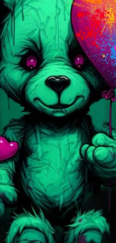 Vibrant teal teddy bear with pink heart and balloon in graffiti style.