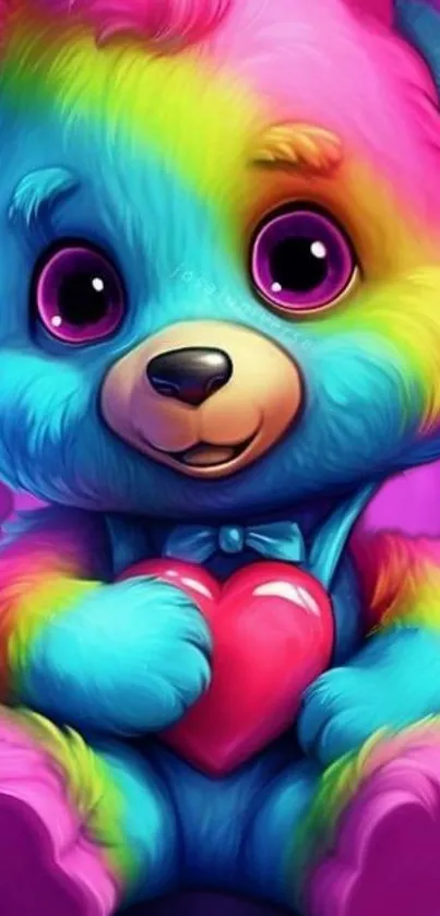 Colorful teddy bear holding a heart with a vibrant rainbow palette.