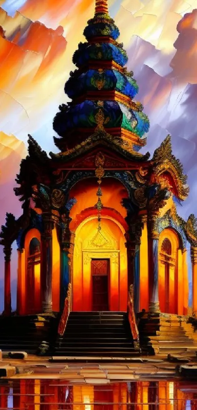 Vibrant digital temple art with bold colors and intricate design.