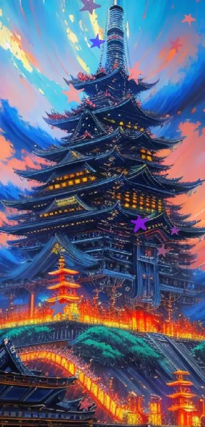 Vibrant temple under a swirling sunset sky, rich in blue and orange hues.