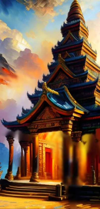 Vibrant painting of a temple with colorful sky.