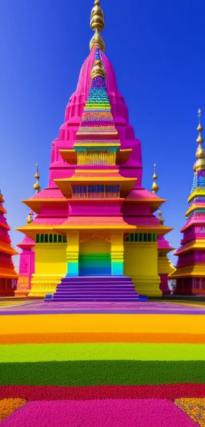 Colorful temple with vibrant hues against a blue sky.