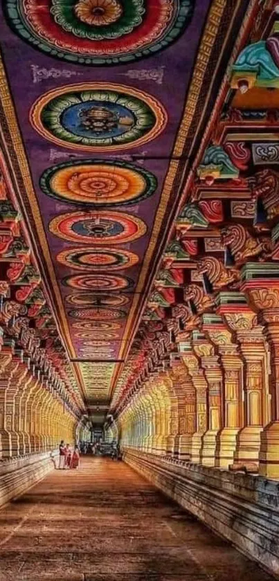 Colorful temple corridor with intricate artistic patterns, vibrant and historic.