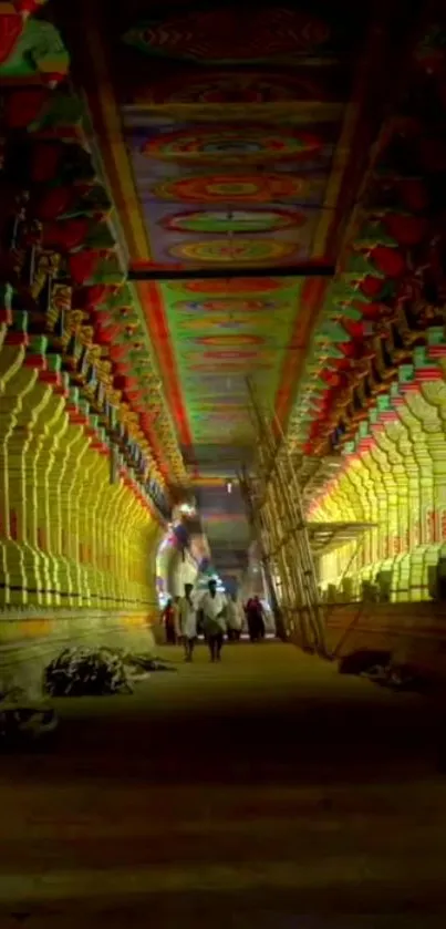 Colorful temple corridor with intricate patterns and vibrant design.