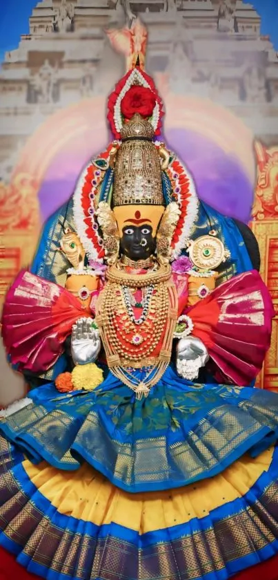 Intricate temple deity with vibrant colors and cultural symbols.