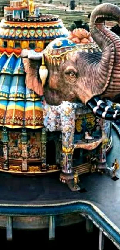 Vibrant elephant sculpture temple with colorful artistic design.