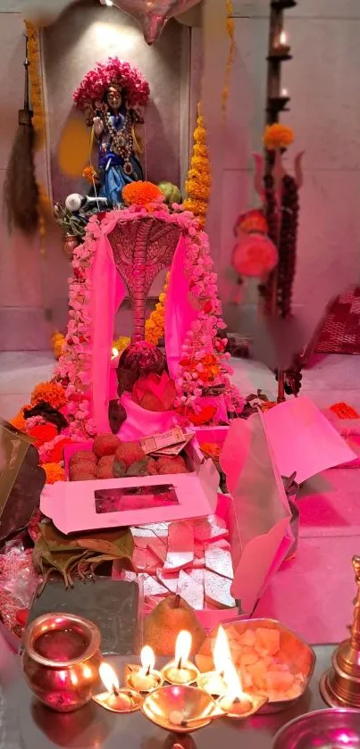 Vibrant temple altar with goddess statue and offerings.