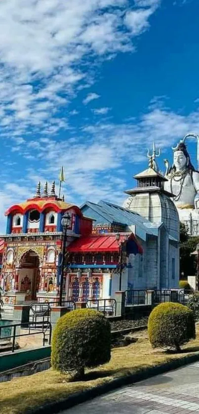 Colorful temple with blue sky background.