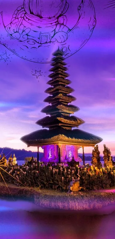 Mobile wallpaper of a temple with a purple sky and celestial art.