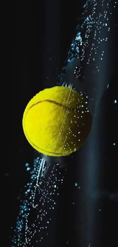 Vibrant yellow tennis ball with water splash on dark background.