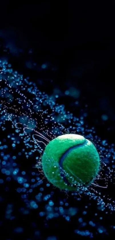 Vibrant tennis ball with blue splash on dark background.