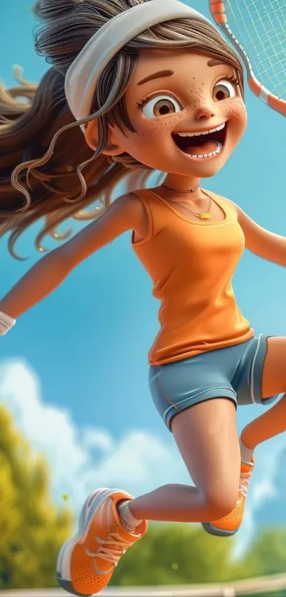 Cartoon tennis player jumping joyfully with racket under blue sky.