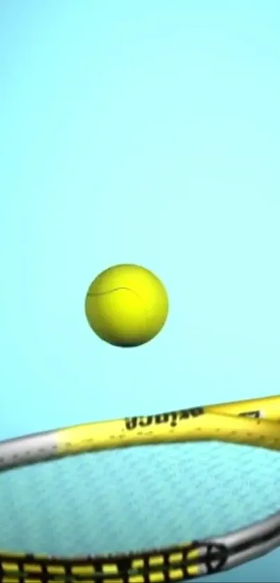 Tennis ball and racket on sky blue background