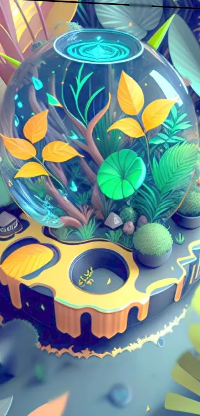 Vibrant digital wallpaper of a colorful terrarium globe.
