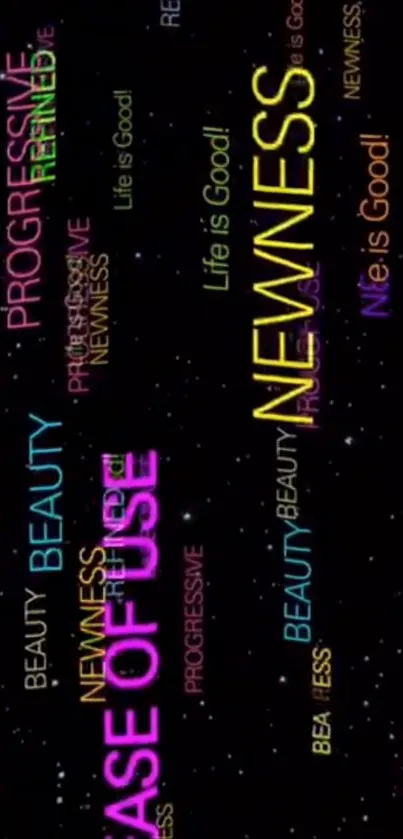 Colorful text with words on black starry background.