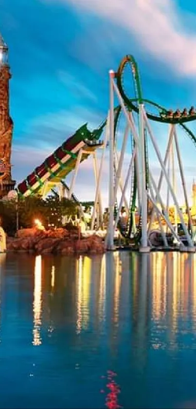 Theme park skyline with vibrant colors reflecting in water.