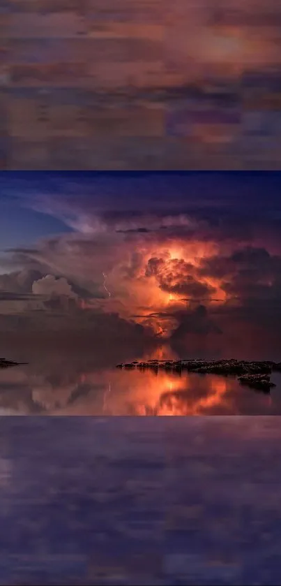 Mobile wallpaper of a colorful stormy sunset reflecting on calm waters.