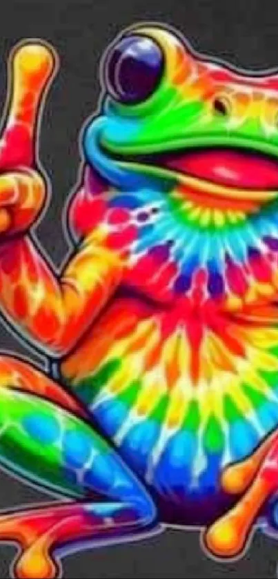 Colorful tie-dye frog with peace sign on mobile wallpaper.