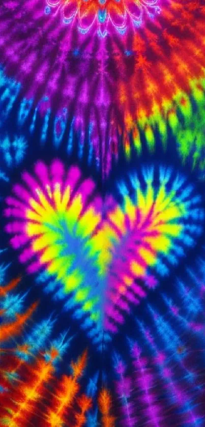 Vibrant tie-dye heart pattern with rainbow colors.