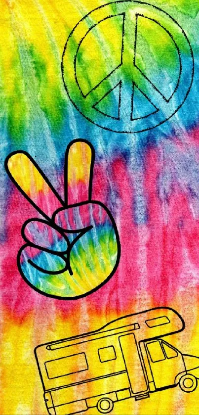 Vibrant tie-dye wallpaper with peace symbols and a camper.