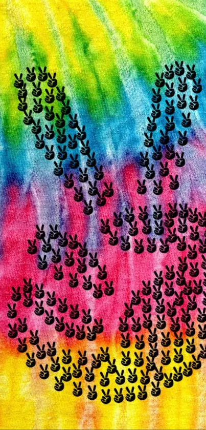 Colorful tie-dye wallpaper with peace sign design.