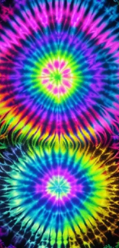 Vibrant tie-dye phone wallpaper with colorful spiral patterns.