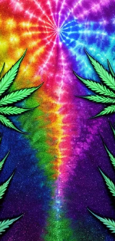 Colorful tie-dye mobile wallpaper with cannabis leaves in a psychedelic pattern.